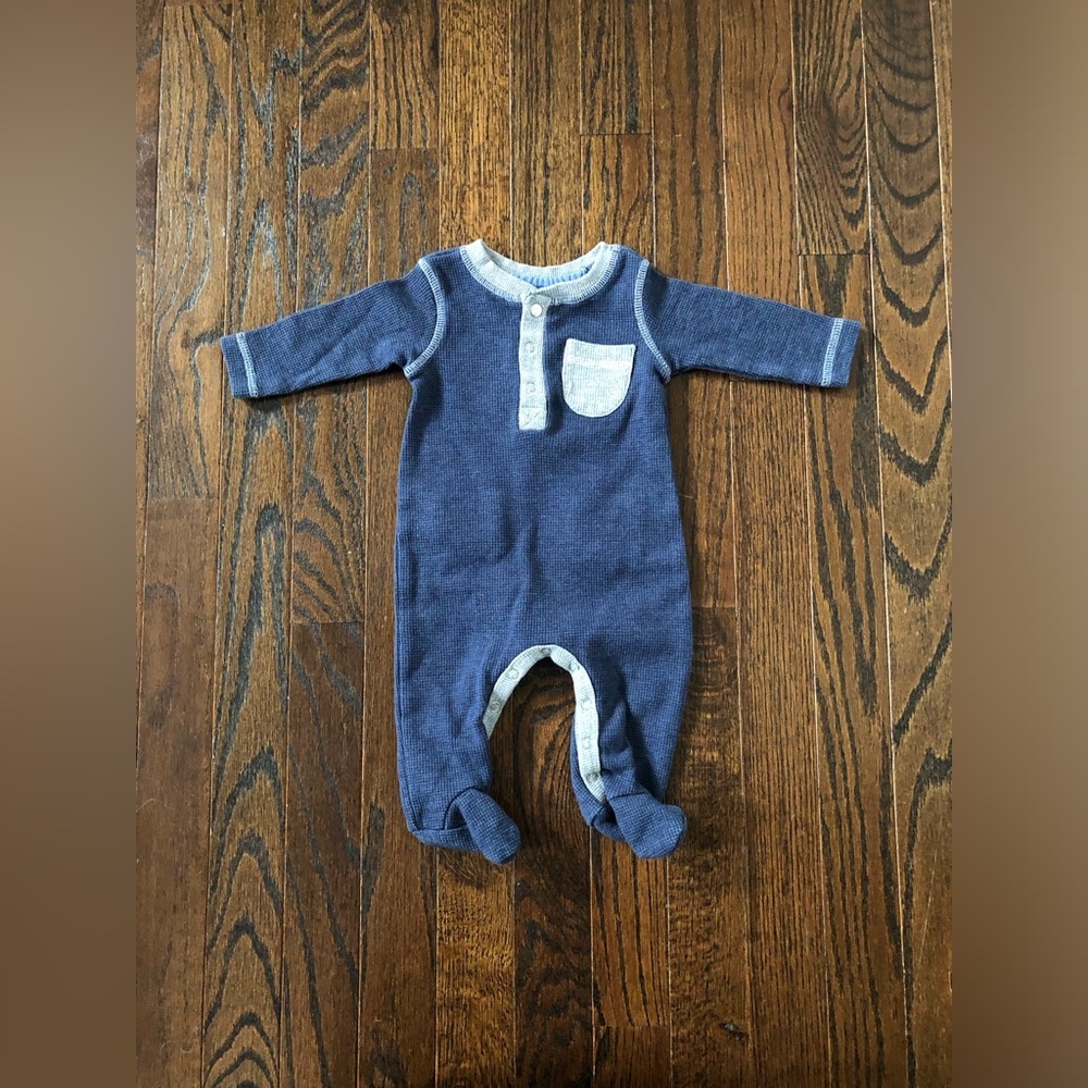 7 for all mankind Infant Boys 0-3M Blue/Gray Waffle Knit Henley Footed One Piece